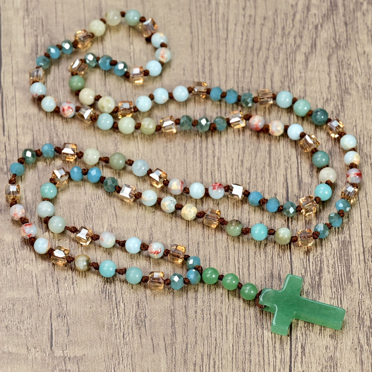 Tiger Eye & Sodalite Cross Necklace with 108 Beads, Unisex Gift